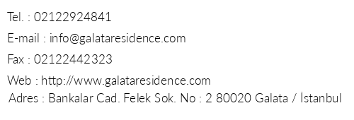 Galata Residence Camondo Apart Hotel telefon numaralar, faks, e-mail, posta adresi ve iletiim bilgileri